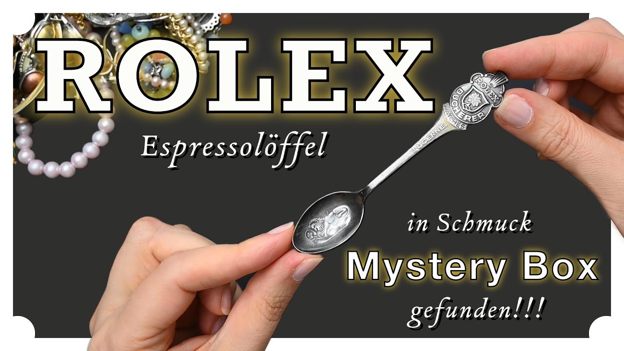 Rolex Espresso Löffel in Schmuck Mystery Box gefunden mit Perlen Schmuck, Swarovski Brosche, Creolen