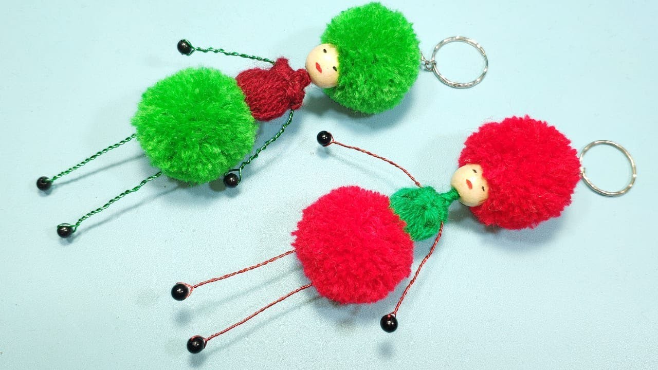 Woolen Keychain Making - DIY Pom Pom Frizzy Girl Keychain - Doll Keychain