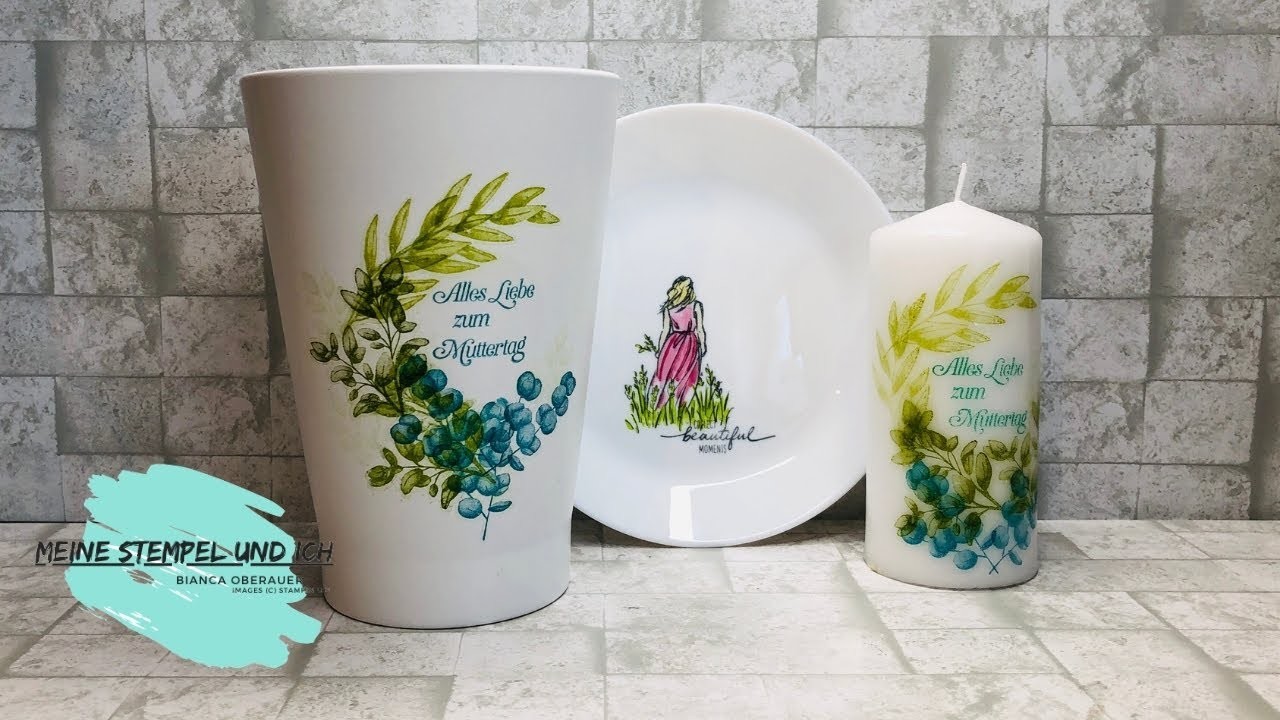 Meine Stempel machen auch vor Keramik und Kerzen nicht halt