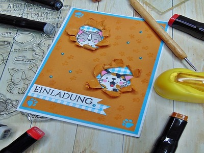 Basteln: Karte mit Löcher für Katzen selber machen. Basteln mit Papier. Cards. DIY