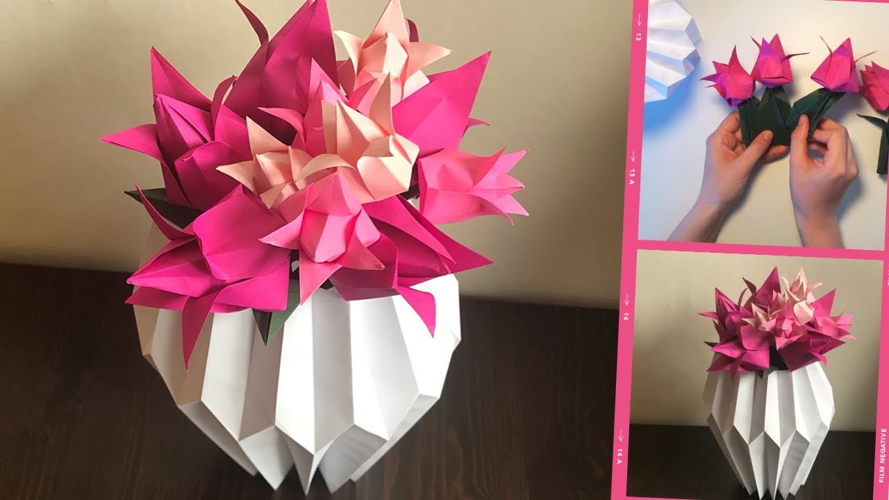 Blumenstrauß aus Papier und Vase selber basteln | Muttertagsgeschenk | Dekoidee | Origami Tulpen